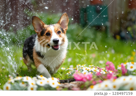 コーギーと庭の花 コーギーと庭の花 128497159