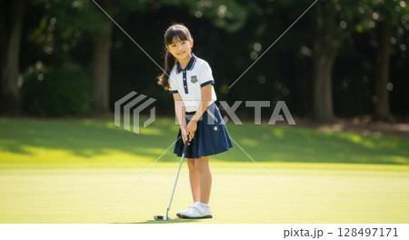 グリーン上でパターを構え微笑む可愛い女子ゴルファー 128497171