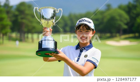 優勝トロフィーを手に笑顔を見せる少女ゴルファー 128497177