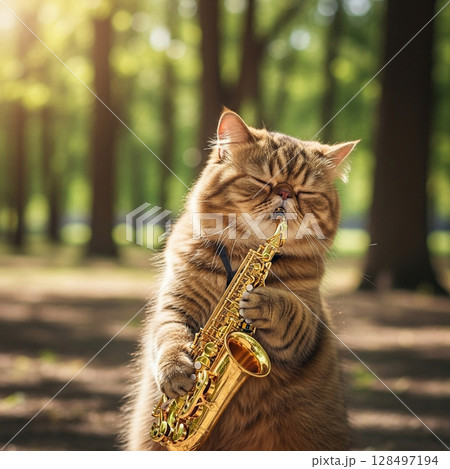 野外でサックスを吹く猫のユニークで面白いAI生成イラスト 128497194