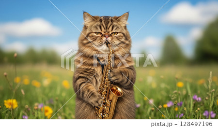 野外でサックスを吹く猫のユニークで面白いAI生成イラスト 128497196