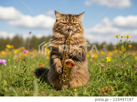野外でサックスを吹く猫のユニークで面白いAI生成イラスト 128497197