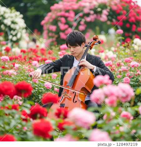 赤やピンクの薔薇園でチェロを演奏する男性音楽家｜美形アーティストの優雅な野外コンサート 128497219