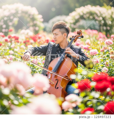 赤やピンクの薔薇園でチェロを演奏する男性音楽家｜美形アーティストの優雅な野外コンサート 128497221