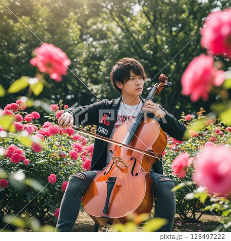 赤やピンクの薔薇園でチェロを演奏する男性音楽家｜美形アーティストの優雅な野外コンサート 128497222