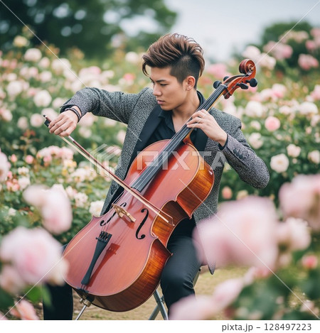 赤やピンクの薔薇園でチェロを演奏する男性音楽家｜美形アーティストの優雅な野外コンサート 128497223