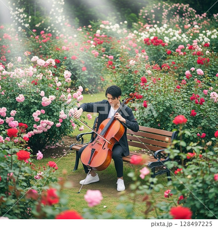 赤やピンクの薔薇園でチェロを演奏する男性音楽家｜美形アーティストの優雅な野外コンサート 128497225