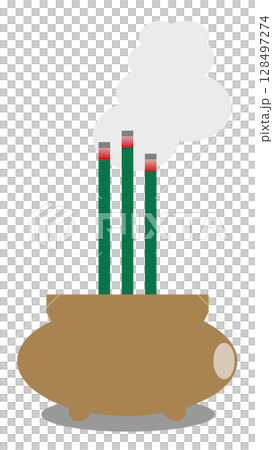 Illustration of a person offering prayers by burning incense to commemorate ancestors at a memorial service 128497274