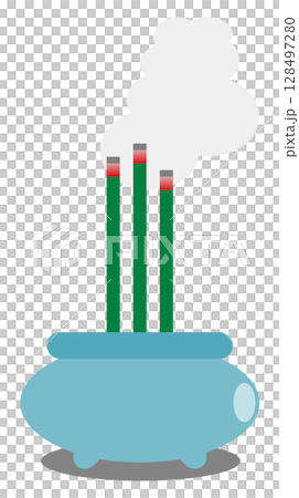 Illustration of a person offering prayers by burning incense to commemorate ancestors at a memorial service 128497280