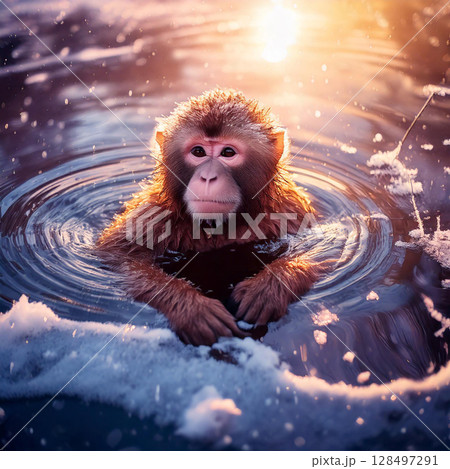 Snow monkey in natural hot spring. brown soft plush monkey swimming on the transparent glass lake in the sunlight. AI Generated. 128497291
