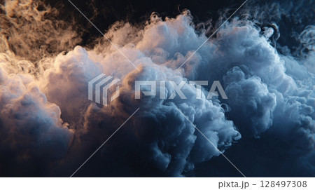 A dramatic cloud of dense smoke or mist swirls in warm and cool lighting, creating a moody, ethereal atmosphere 128497308