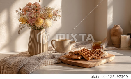A cozy breakfast scene with golden waffles, honey, and a ceramic pitcher set beside a vase of pastel flowers 128497309