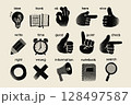 学習・プレゼン用モノクロ手描きアイコンセット（教育・資料・指示用） 128497587