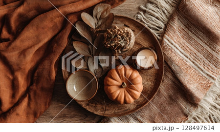 A cozy autumn flat lay with a small pumpkin, candle, ceramic bowl, and dried leaves arranged on a wooden tray 128497614