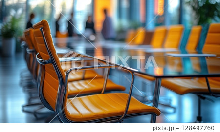 Modern conference room with glass table and high-back chairs for professional meetings 128497760