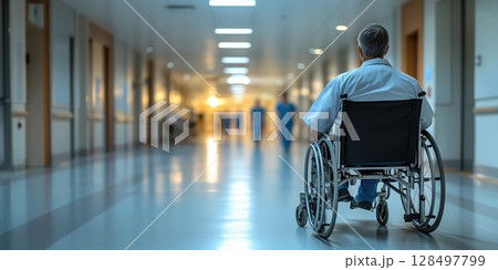 Hospital corridor with medical staff and patient in wheelchair under warm lighting 128497799