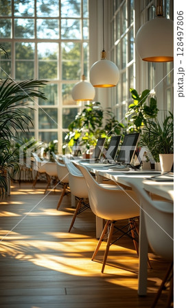Modern open office space designed for productivity with natural lighting and greenery 128497806