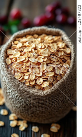 Oat flakes spread on a wooden surface with a bag spilling natural grains 128497822