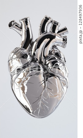 Chrome human heart displayed against a light grey background emphasizing intricate anatomical details and metallic sheen 128497936