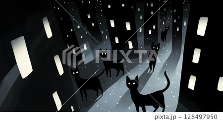 Black cats illuminated like skyscraper windows wander through a dark cityscape at night with glowing eyes and a mysterious atmosphere Black cats illuminated like skyscraper windows wander through a dark cityscape at night with glowing eyes and a mysterious atmosphere 128497950