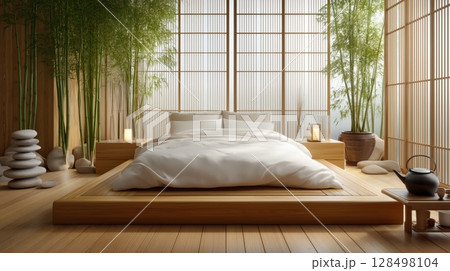 A cozy bedroom with white bed, bamboo plants, wood decor, soft light, and a black teapot on a low table A cozy bedroom with white bed, bamboo plants, wood decor, soft light, and a black teapot on a low table 128498104