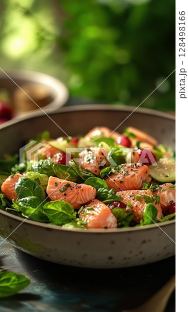 Delicious salmon salad featuring cabbage and grapefruit on a beautifully set dining table in a warm, inviting kitchen environment Delicious salmon salad featuring cabbage and grapefruit on a beautifully set dining table in a warm, inviting kitchen environment 128498166