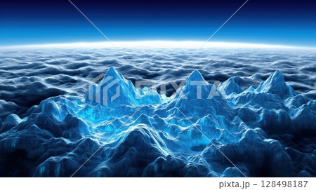 Bright multicolored balloons rise into the sky with Earth surface and clouds visible in the background Bright multicolored balloons rise into the sky with Earth surface and clouds visible in the background 128498187