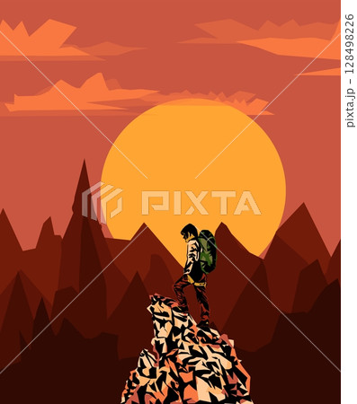Man on the top of the mountain looks at the beautiful landscape of the mountains. Man on the top of the mountain looks at the beautiful landscape of the mountains. 128498226
