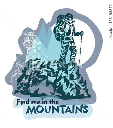 Man on the top of the mountain minimalistic concept for mountain tourism Man on the top of the mountain minimalistic concept for mountain tourism 128498236
