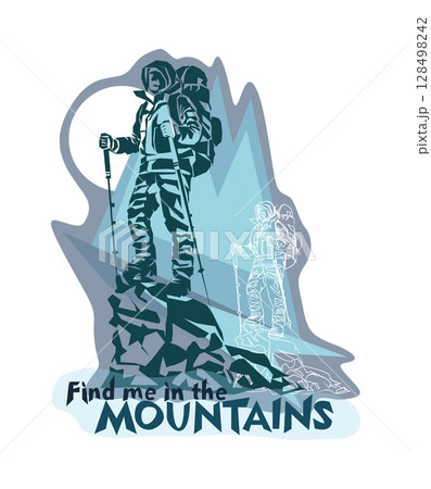 Man on the top of the mountain minimalistic concept for mountain tourism Man on the top of the mountain minimalistic concept for mountain tourism 128498242