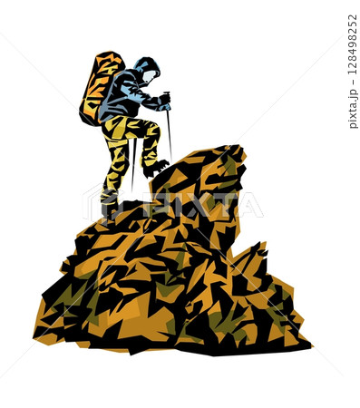 Silhouette of a Man on the top of the mountain minimalistic concept for mountain tourism Silhouette of a Man on the top of the mountain minimalistic concept for mountain tourism 128498252