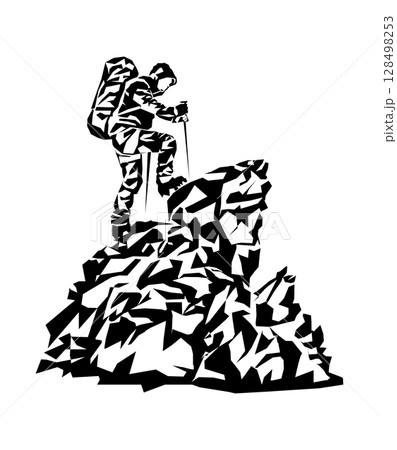 Silhouette of a Man on the top of the mountain minimalistic concept for mountain tourism 128498253