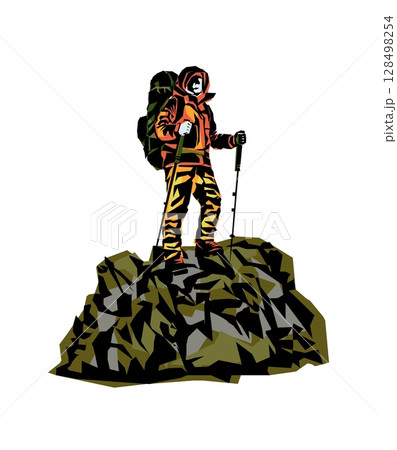 Silhouette of a Man on the top of the mountain minimalistic concept for mountain tourism 128498254