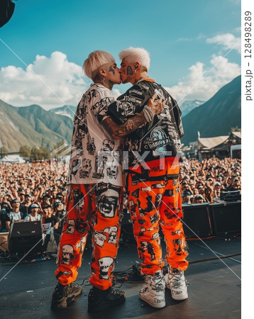 Two young male hip-hop stars embrace and kiss passionately on stage in daylight before a big crowd 128498289