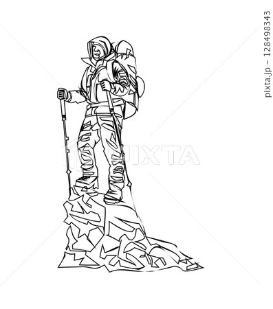 Continuous line drawing of a Man on the top of the mountain minimalistic concept for mountain tourism 128498343