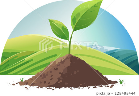 A young green plant growing from fertile soil under a clear sky with rolling hills in the background. 128498444