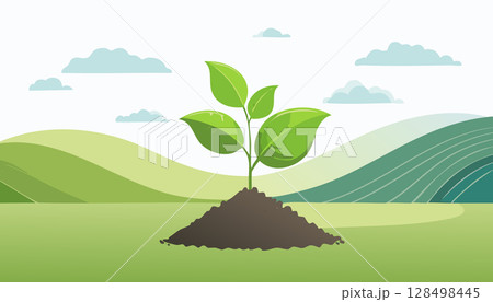 Illustration of a fresh sprout emerging from a mound of soil on a bright sunny day. 128498445