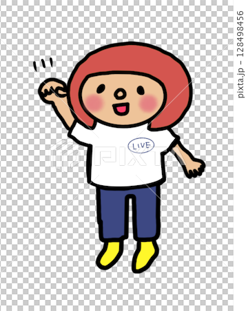 一個女孩舉起拳頭享受音樂會或節日 一個女孩舉起拳頭享受音樂會或節日 128498456