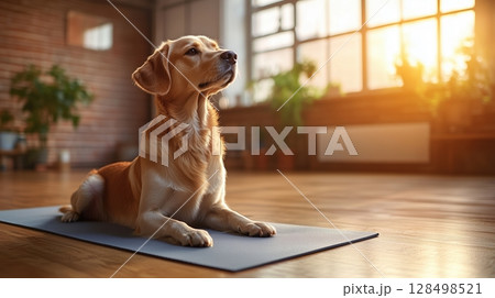 Yoga dog practices warrior 2 pose in bright studio filled with natural light 128498521