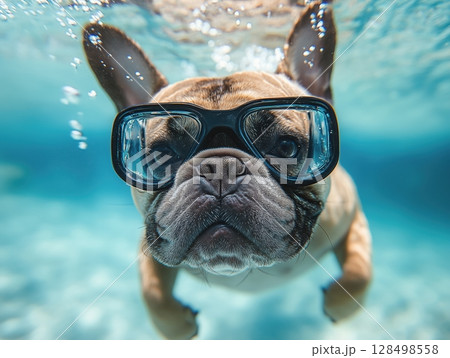 French bulldog with diving goggles swimming under clear water in a vibrant pool, showcasing a joyful demeanor and detail-rich fur texture French bulldog with diving goggles swimming under clear water in a vibrant pool, showcasing a joyful demeanor and detail-rich fur texture 128498558