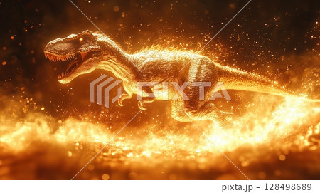 Majestic golden dinosaur in powerful jump surrounded by glowing light particles on a shiny red background 128498689