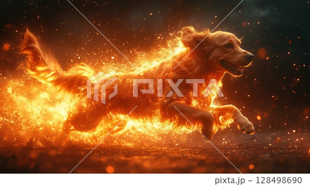 Golden dog jumps gracefully in a powerful motion surrounded by sparkling light on a vivid red background 128498690
