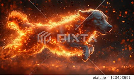 Majestic golden dog jumping powerfully against a red background with light particles and glittering dust 128498691