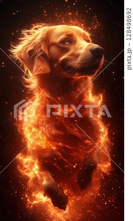 Majestic golden dog jumping powerfully with glowing light particles on a striking red background in vivid concept art 128498692