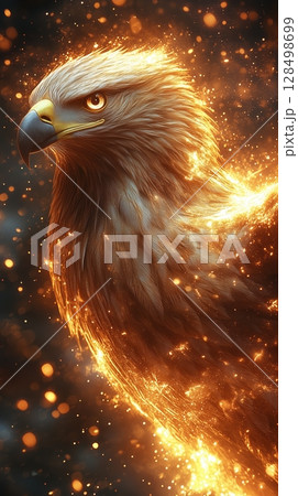 Majestic golden eagle soaring with radiant light particles against a brilliant red backdrop in a powerful leap 128498699