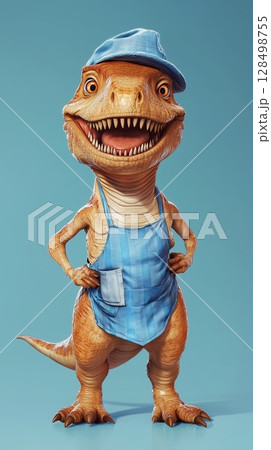 Bright dinosaur with a blue apron and farmer hat spreads joy against a vibrant azure backdrop 128498755
