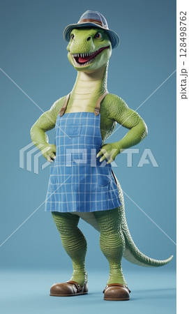 Humanized dinosaur wearing blue kitchen apron and farmer hat is smiling in bright azure background, radiating good vibes and self-assurance 128498762