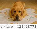 床に散らばる書類の上に伏せをする犬 128498772