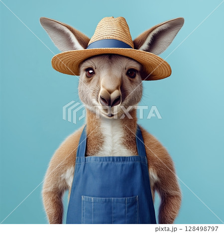 Humanized kangaroo wearing a blue apron and farmer hat smiles warmly against a vibrant azure background 128498797