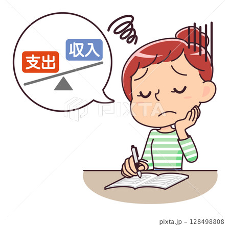 家計簿を付けながら赤字家計に悩む女性のイラスト 家計簿を付けながら赤字家計に悩む女性のイラスト 128498808